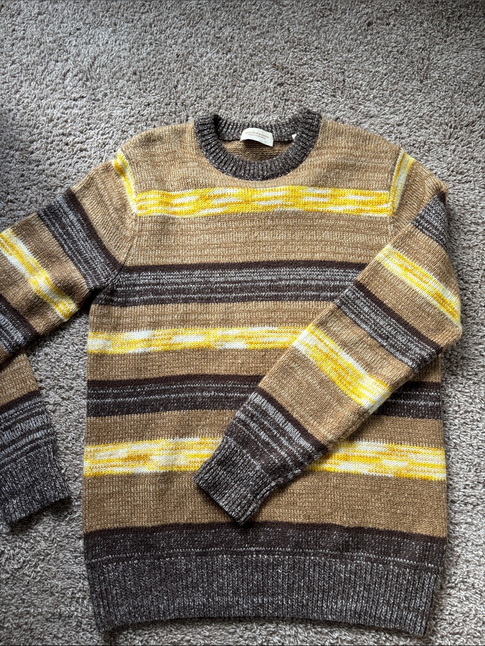 Scotch & Soda Striped Crewneck Sweater in Brown, Yellow & Gray